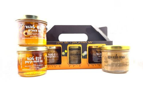 מארז דבש חלבה + אגוזים בדבש + תפוח וקינמון בדבש (צנצנת בונטה)
